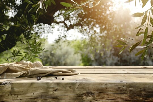 Natural wooden table and organic cloth with olive tree plant. Product placement mockup design background. Outdoor tropical summer scene with rustic vintage countertop display. Generative ai
