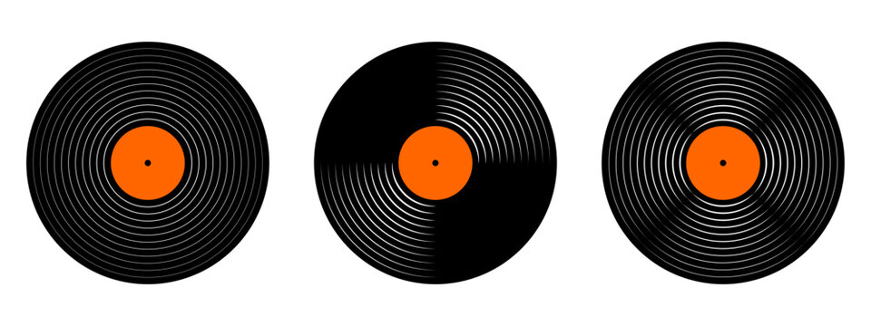 Set of vinyl records. LP or long play music plates for gramophone isolated on white background. DJ discs for techno party. 70s 80s 90s discotheque nostalgia concept. Vector flat illustration.