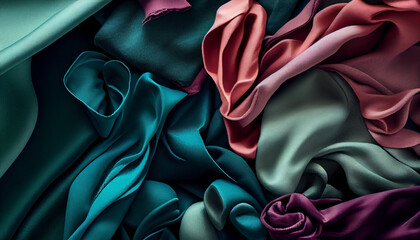 Abstract set of fabrics, colourful textile samples, different types of linen, cotton, silk composition. Generative AI