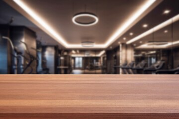 Empty wooden table top on Exercise room background