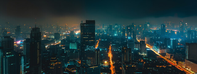 Fototapeta premium View of a city at night from the top of a skyscraper in the middle of the city. 