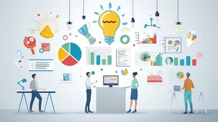 Creative Marketing Team: Depict a creative marketing team brainstorming with colorful charts, digital tools,