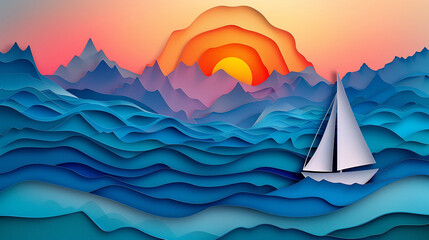 Naklejka premium Paper cut sailboat sails on the blue waves of the ocean during sunset. Seascape, environment concept. Sailor's Day.
