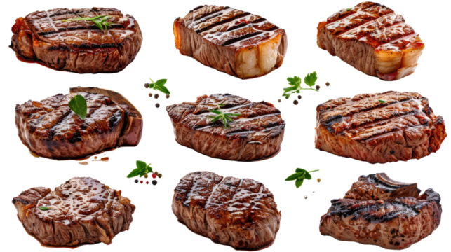 A collection of nine perfectly grilled steaks, with char marks and a juicy, cooked appearance in isolated on transparent and white background