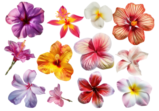 A collection of vibrant tropical flowers in various shades of pink, yellow, orange, and white.  Perfect for floral designs and summer themes in isolated on transparent and white background