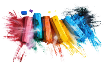 Colorful chalk sticks explode in a cloud of vibrant dust, creating a dynamic abstract art piece in isolated on transparent and white background