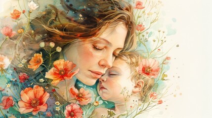 A heartwarming illustration of a mother and baby surrounded by floral elements, symbolizing love, serenity, and the beauty of motherhood.