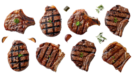 Grilled steaks with herbs and garlic on black background.  A top view of a perfect meal for a family or party in isolated on transparent and white background