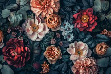 Stylish fantasy vintage wallpaper botanical flower bunch, vintage motif for floral print digital background. Generative AI.