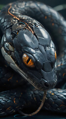 a close up of a snake with a black body