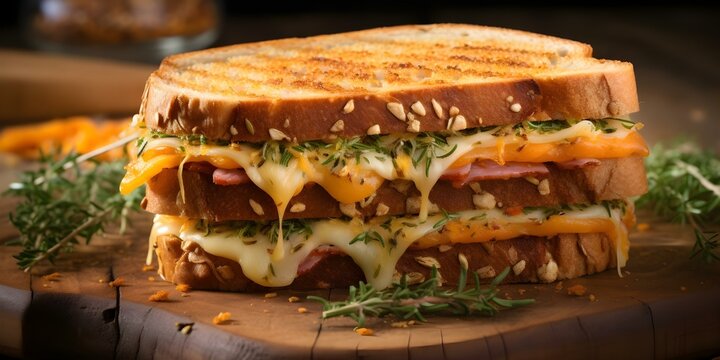 Grilled ham and cheese sandwich on a rustic wooden table background. Concept Food Photography, Rustic Setting, Grilled Sandwich, Comfort Food, Lunch Option