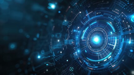 Obraz premium Futuristic digital technology interface background with blue glowing circles and lines, representing innovation and advanced data processing.