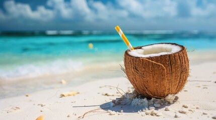 Coconut drink on tropical beach, clear blue sea, white sand, summer holiday vibe. Perfect for travel and summer vacation themes