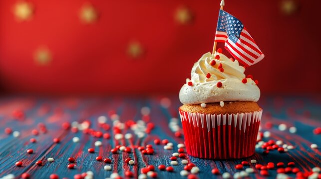 Cupcake with US flag, celebrating Memorial Day with copy space, photorealistic, vibrant, overlay, festive backdrop