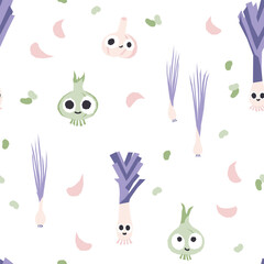 Vegetables seamless pattern. Vector cartoon childish background with cute smiling vege characters in simple hand-drawn style. Good for printing fabrics, packaging, clothes.