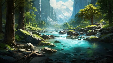 Crystal-clear river flowing through a lush valley 