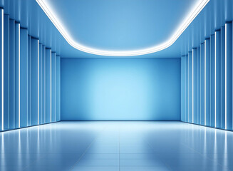 Universal minimalistic blue background for presentation. A light blue wall in the interior with beautiful built-in lighting and a smooth floor.