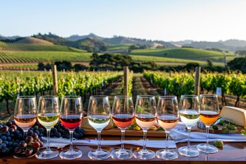 Obraz premium table elegantly set with various types of wine glasses, each containing a different color of wine, from deep reds to light whites.
