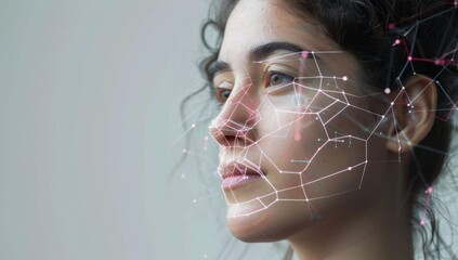 A beautiful woman is shown with an AI face scan system overlayed on her face, showing lines and dots connected to form facial muscle shapes.