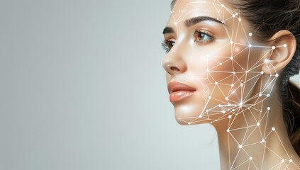 A beautiful woman is shown with an AI face scan system overlayed on her face, showing lines and dots connected to form facial muscle shapes.