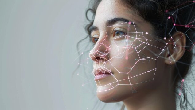 A beautiful woman is shown with an AI face scan system overlayed on her face, showing lines and dots connected to form facial muscle shapes.