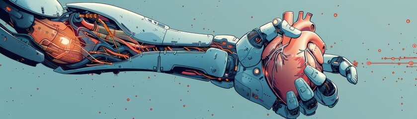 A Mechanical Hand Grasping a Realistic Human Heart, Pulsating with Life in a Futuristic Digital Landscape
