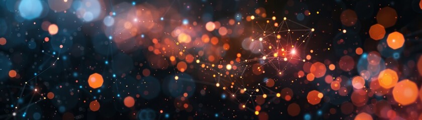 Obraz premium Abstract Digital Network, Glowing Orange and Blue Bokeh Lights Connected by Fine Lines on a Dark Background
