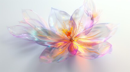 A stunning 3D-rendered, iridescent flower with soft, translucent petals in pastel colors against a light background.