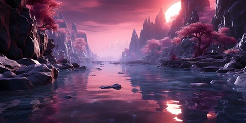 Fantasy landscape with lake and mountains at sunset. 3d rendering