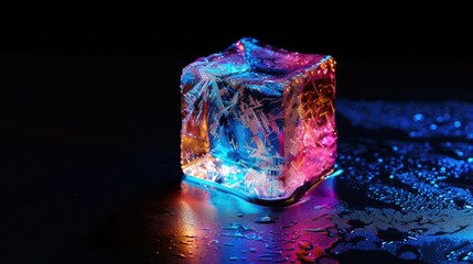 Ice Cube Reflecting Colors, Black Background Spectrum of Ice A Frozen Prism of Color.