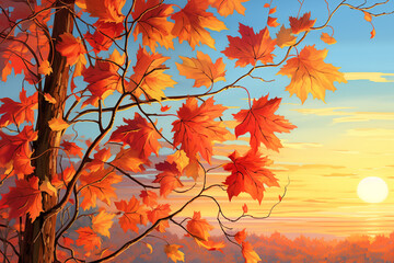 Autumn leaves in vibrant shades of red, orange, and yellow sway gently in the morning breeze background 
