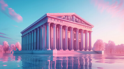 Obraz premium Inspired by Greek temples, a capitol building with majestic columns stands bathed in the warm glow of a European night sky