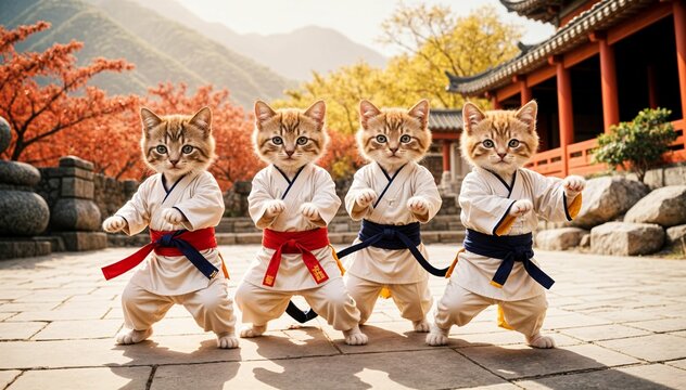 4 cute kittens in a keikogi kimono in a fighting stance are engaged in karate aikido wushu kungfu in the courtyard of a Chinese temple