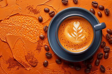 Steaming brown coffee fills a white mug on a cafe table, with a single coffee bean beside it