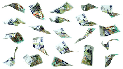 Set of Icelandic krona notes flying in different angles and orientations isolated on transparent background. currency of Iceland
