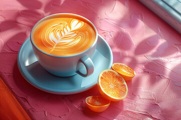 Three hot coffee drinks in white mugs: black coffee, coffee with lemon wedge, and coffee with orange slice