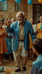 Naklejka premium Elderly man joyfully raising hand in celebration surrounded by smiling friends and balloons
