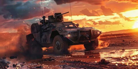 Fototapeta premium Tactical Vehicle in Intense Battle