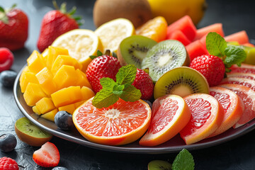 A refreshing mix of colorful fruits like strawberries, kiwi, and oranges in a bowl makes a healthy and sweet dessert