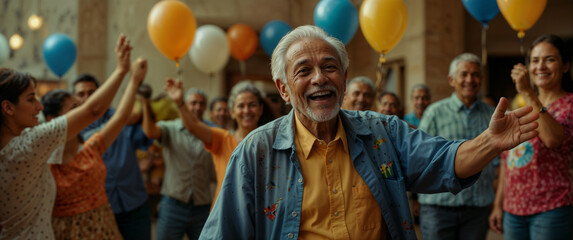 Elderly man smiling and raising arm at festive party with colorful balloons and cheerful crowd
