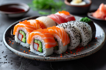A close-up of a plate with salmon sushi and sushi rolls, a traditional Japanese meal