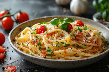 A classic Italian dish of spaghetti with a simple tomato sauce, garnished with fresh basil for a flavorful meal