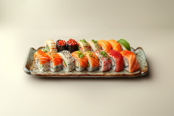 A plate of Japanese sushi featuring slices of fresh salmon atop vinegared rice
