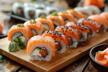 A plate of Japanese sushi featuring fresh salmon slices on vinegared rice