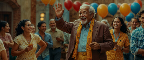 Elderly man waving joyfully at a celebration with colorful balloons and friends