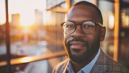 Obraz premium A handsome African American businessman with glasses and a beard, wearing formal attire in an office setting during the golden hour of sunset.