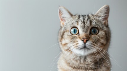 Obraz premium A close-up shot of a tabby cat with blue eyes looking up. The cat has a white patch on its chest and a surprised expression.