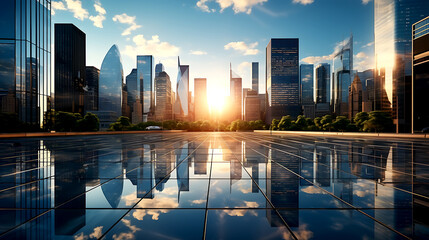 View of reflective skyscraper office buildings. Bottom up view of big city