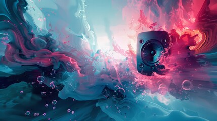 Sonic Boom: Explosive Visual of Vibrant Music Speaker. Dynamic and vibrant depiction of music speakers with a colorful, explosive background, illustrating the powerful impact of sound.