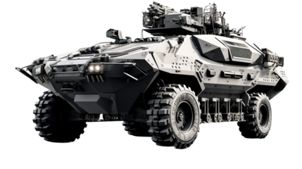 image of a Stryker armored fighting vehicle, isolated on a white background.